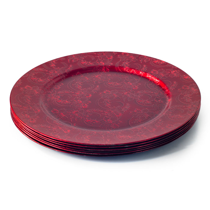 Set of 4 Embossed Red Floral Design 33cm Red Charger Plates Round Under Plate