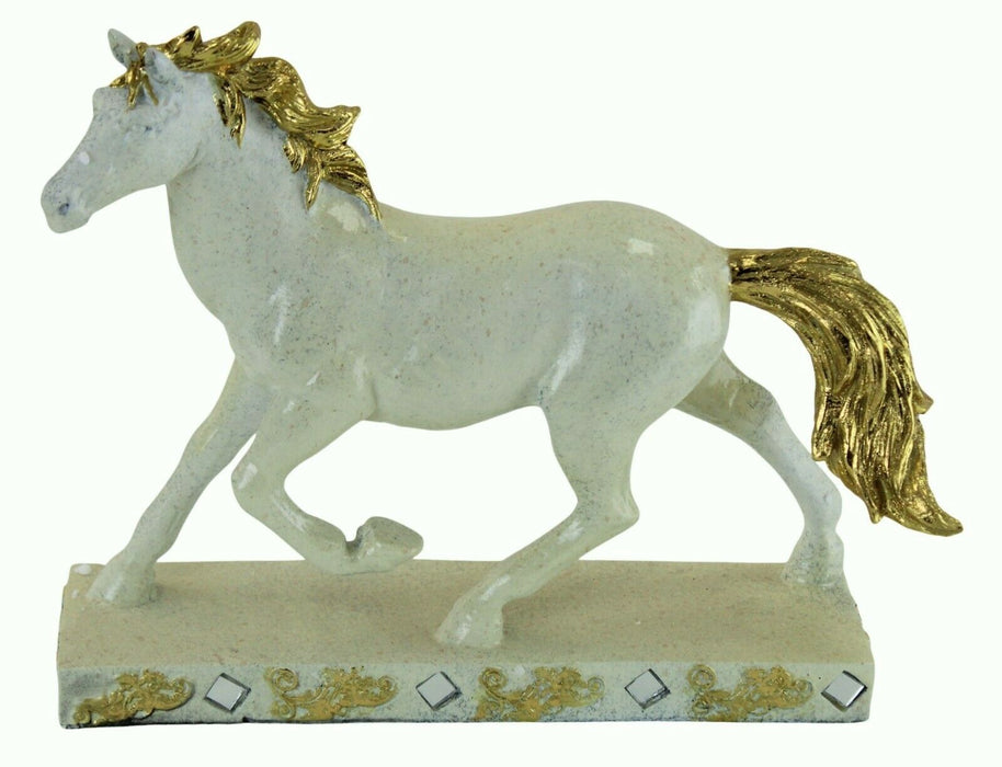 White Gold Horse Sculpture On Platform Detailed Resin Animal Figurine Home Décor