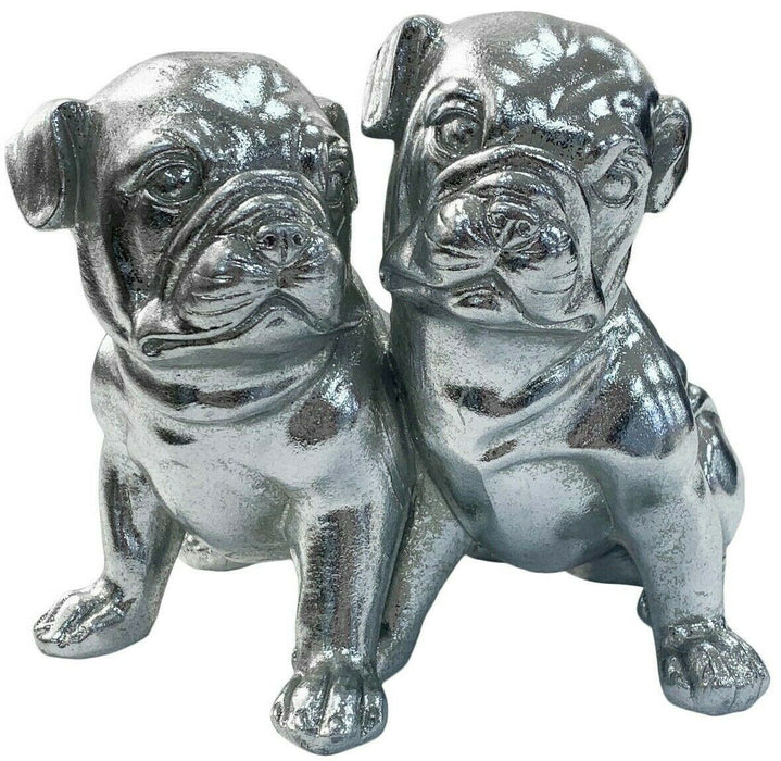 Silver Pug Puppy Ornament Twin Pugs Figurine Metallic Finish Dog Shelf Ornament