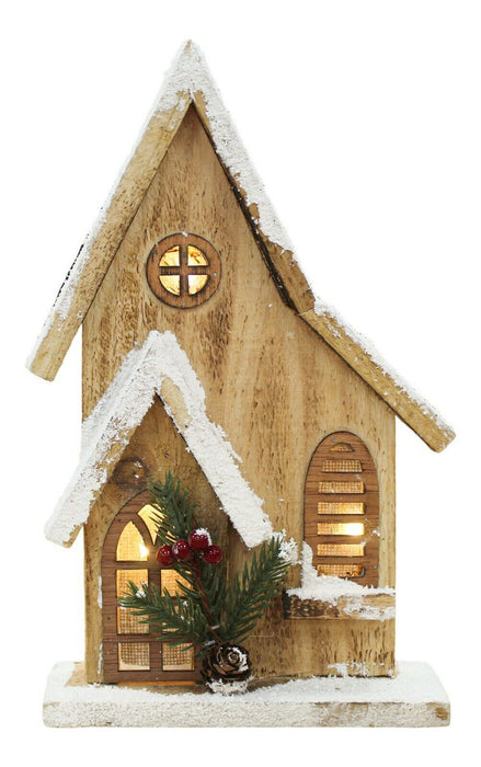 LED Wooden Christmas House Festive Light Up Xmas Ornament Frosted Snow & Berries