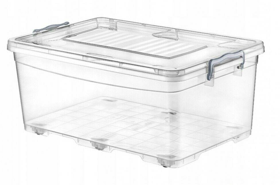 40 Litre Rectangle Lidded Storage Box on Wheels Quality Clear Plastic Container