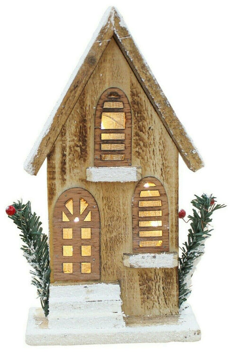 LED Wooden Christmas House Festive Light Up Xmas Ornament Frosted Snow & Berries