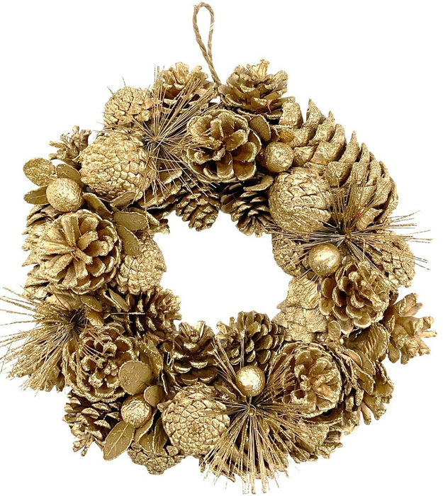 30cm Christmas Gold Wreath Hanging Xmas Door Wreath Decoration & Cones PREMIUM