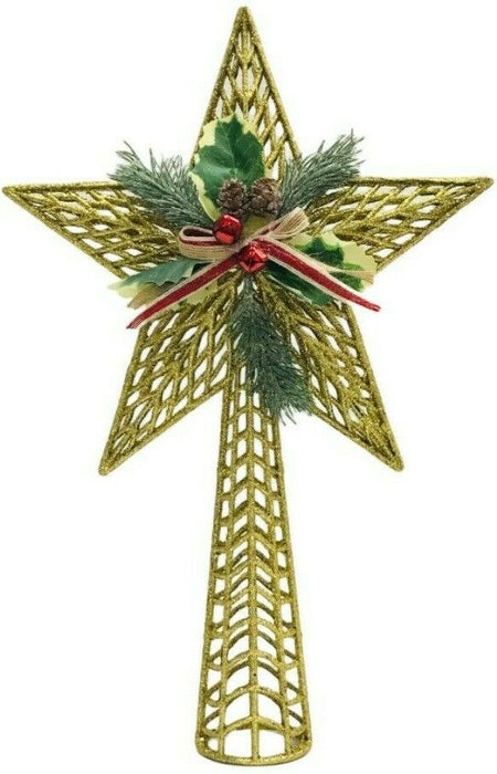 Christmas Tree Top Ornament | Gold Tree Topper Star with Red Bow, Holly Leaf & Acorns