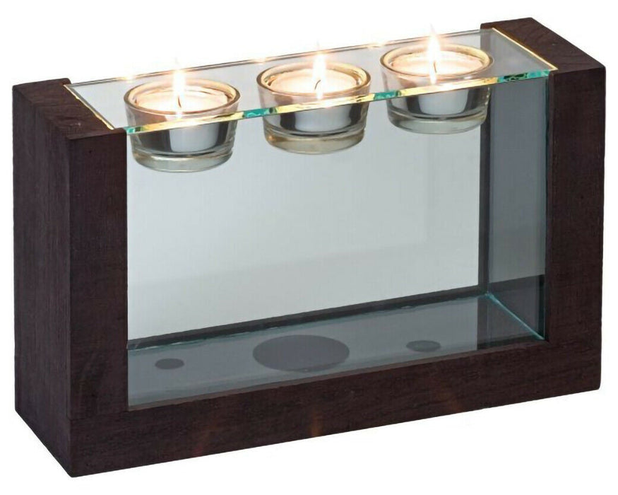 Triple Tealight Holder Display Stand LED Tea Light Candles Brown Wooden Frame