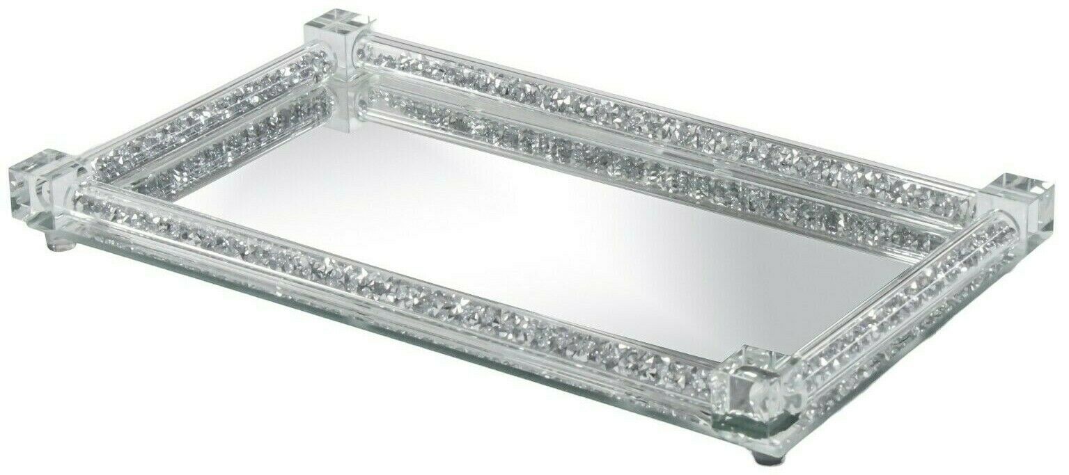 Large Silver Glass Serving Tray 29cm Mirrored Display Tray Crystal Filled Design