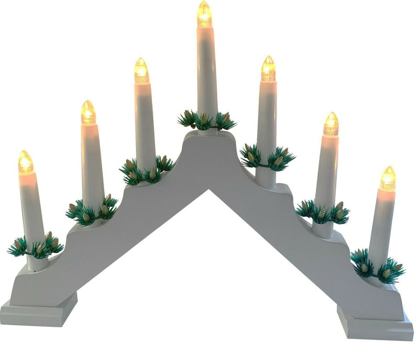 White Wooden Candle Bridge 7 LED Flameless Christmas Candles Xmas Window Décor
