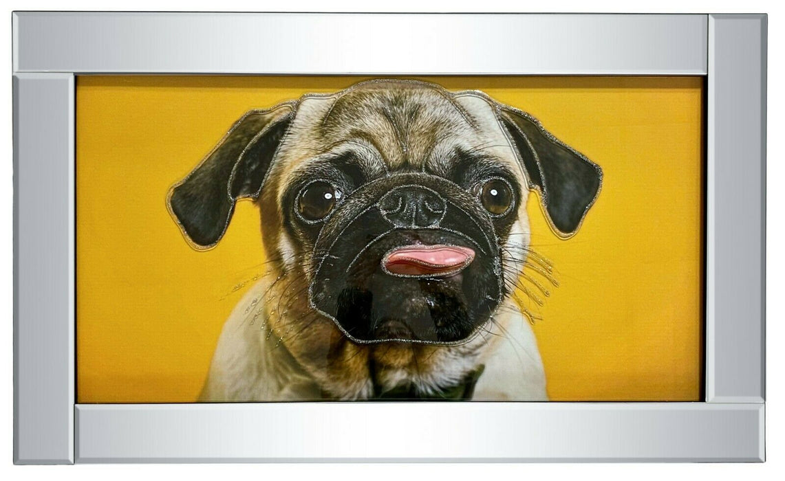 EXTRA LARGE Wall Picture Mirrored Frame Pug Dog 3D Glitter Art Puppy Wall Décor