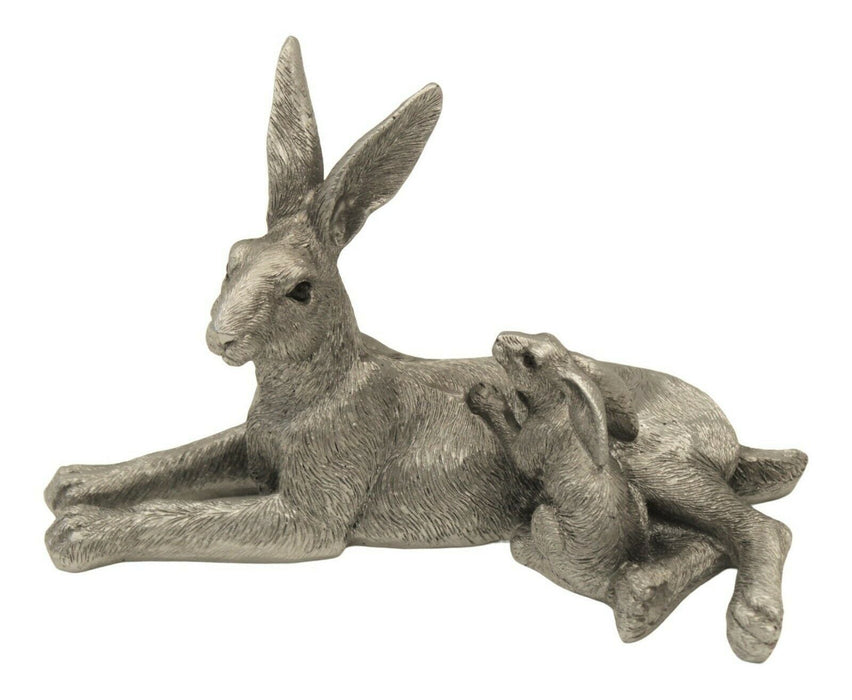 Hare & Baby Animal Figurine 18cm Resin Ornament Brushed Silver Textured Finish