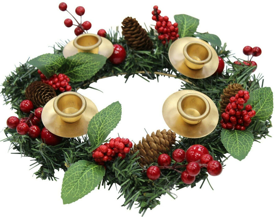 28cm Christmas Berry Wreath & Candle Holder Holds 4 Dinner Candles