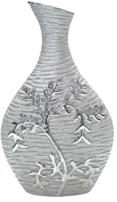 26cm Tall Silver Bottle Shape Flower Vase Mirrored Floral Design Textured Finish