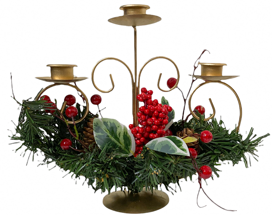 Christmas Candle Holder Festive Candelabra Hold 3 Tapper Candle Red Berry Design
