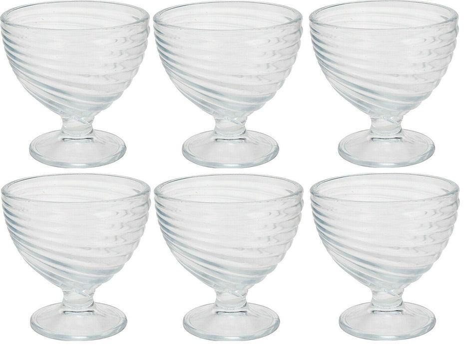 Set of 6 Large Glass Ice Cream Bowls Sundae Dishes Clear Glass With Swirl Patter