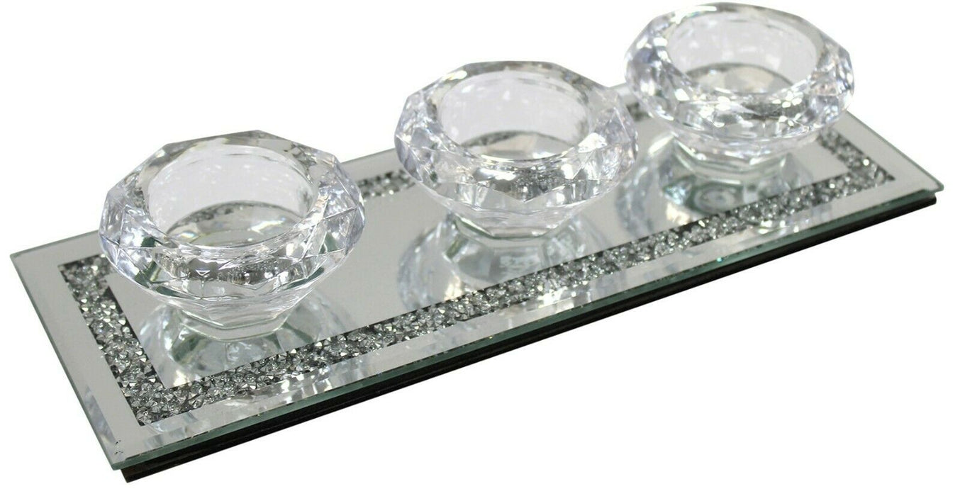 Glass Tea Light Holder Mirrored Glass Candle Holder Crushed Dimaonds Effect