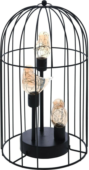 LED Bird Cage Lamp Black Metal Cage Ornament With 3 Light Up Bird Shape Bulbs