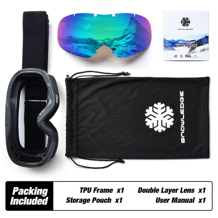 OTG Ski Goggles Adults Men Women with UV Protection, Anti-Fog Dual Lens Green