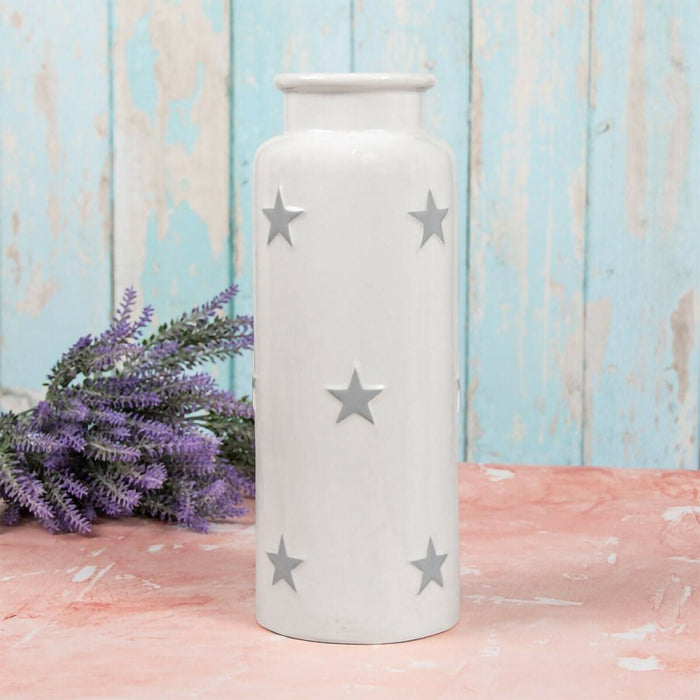 30cm Tall White Flower Vase With Grey Stars Decorative Ceramic Cylinder Vase