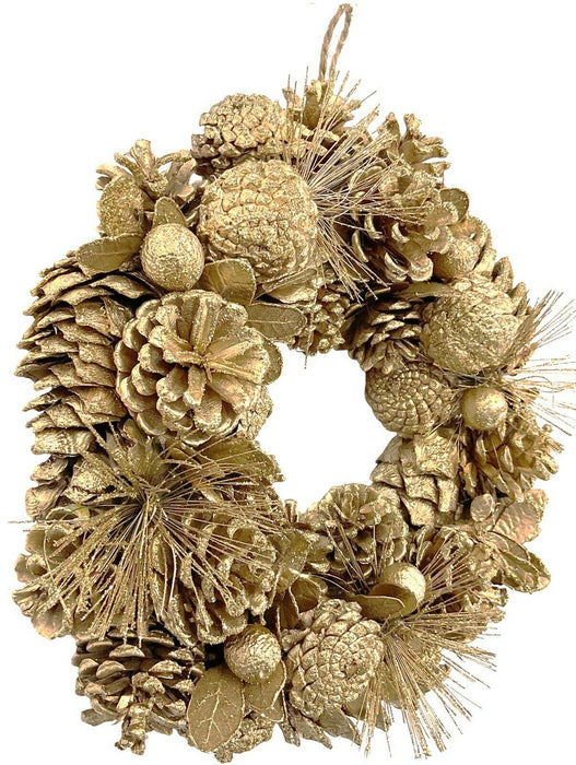 30cm Christmas Gold Wreath Hanging Xmas Door Wreath Decoration & Cones PREMIUM
