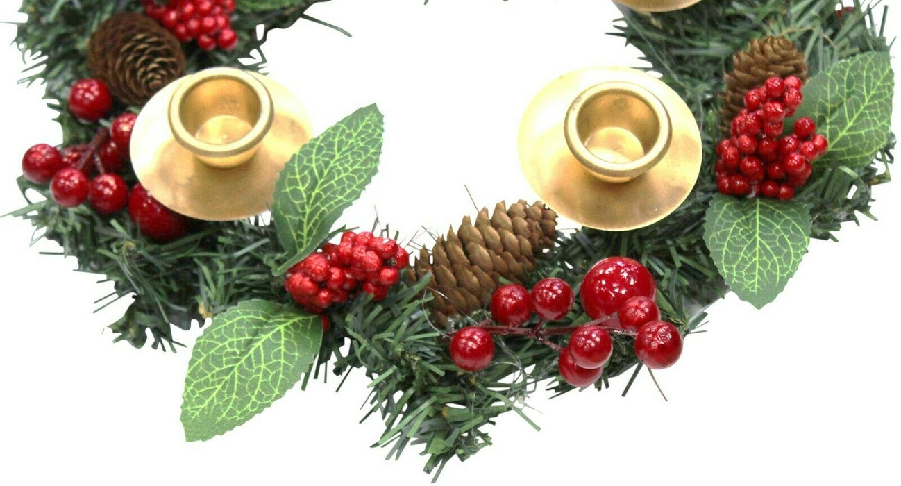 28cm Christmas Berry Wreath & Candle Holder Holds 4 Dinner Candles