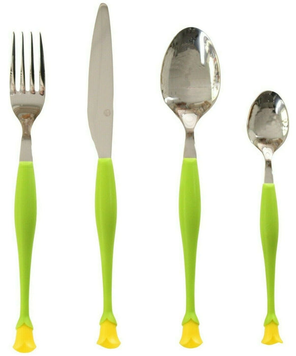 4 Piece Cutlery Set Stainless Steel Green And Yellow Flower Bud Design Handles