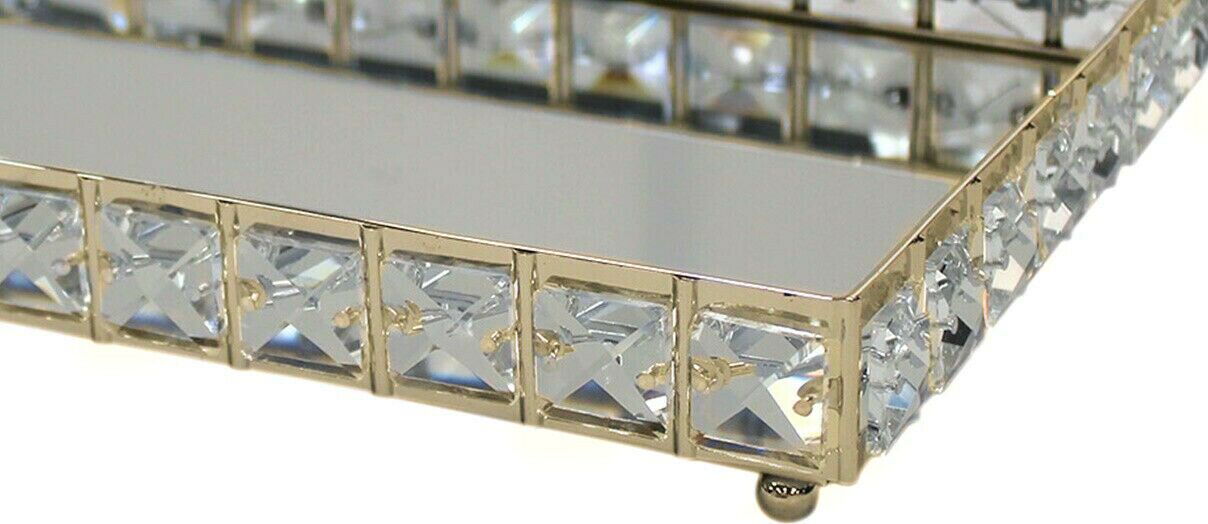 30cm Gold Crystal Mirrored Display Tray Jewelled Design Rectangle Serving Tray