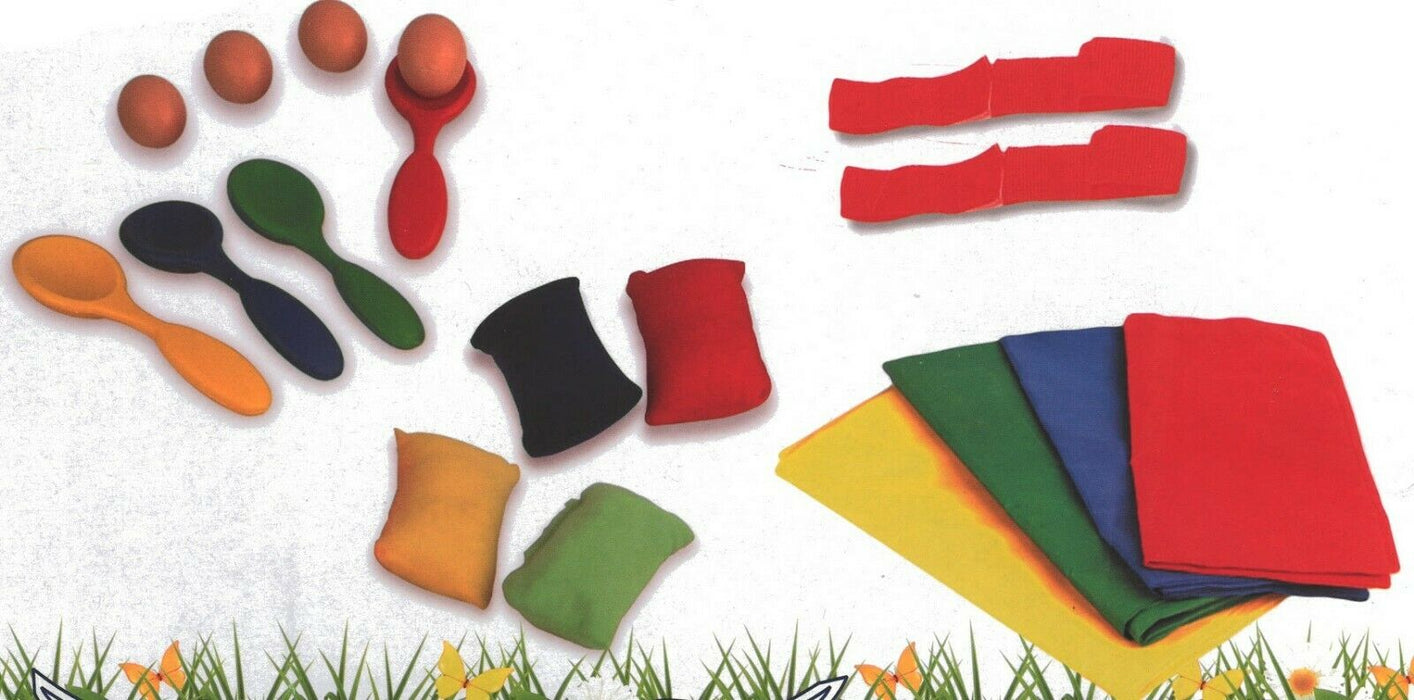 18 Piece Sports Day Set - Sack Race Bags, 3 Legged Race Straps, Egg & Spoon Race