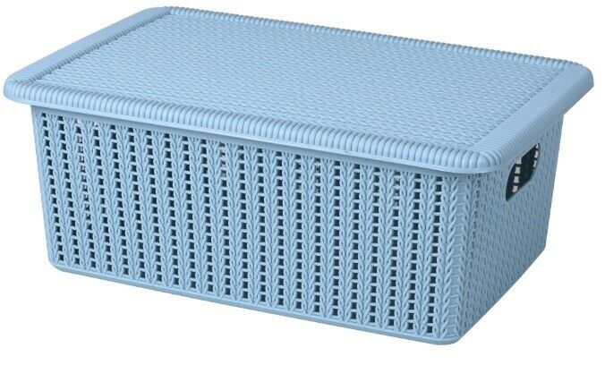Small Storage Lidded Plastic Storage Boxes Rattan Design Blue or Grey