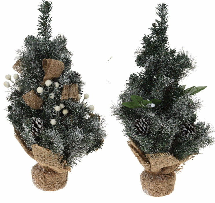 Christmas Trees With Snow Pine Needles and Hessian Ribbon 50cm tall