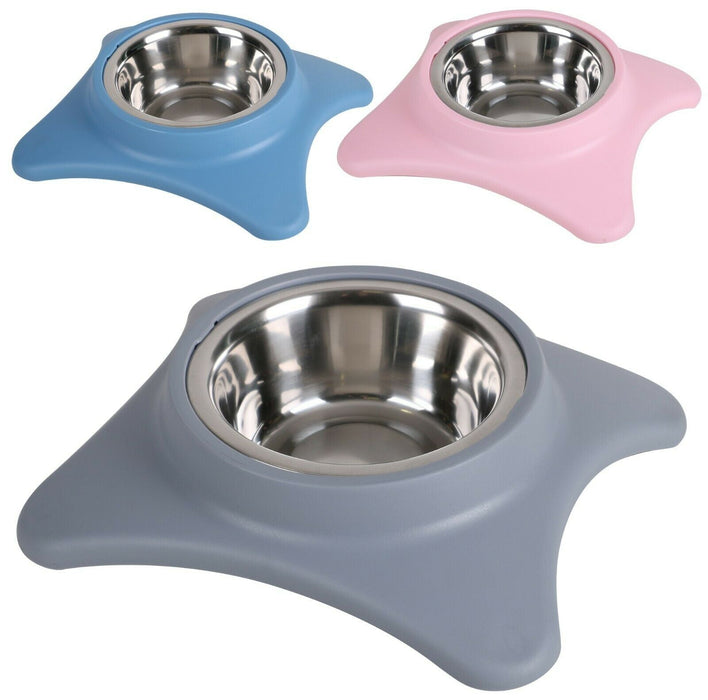 Pastel Colour Dog Bowls Feeding Dish Stainless Steel & Plastic Pink Blue & Grey