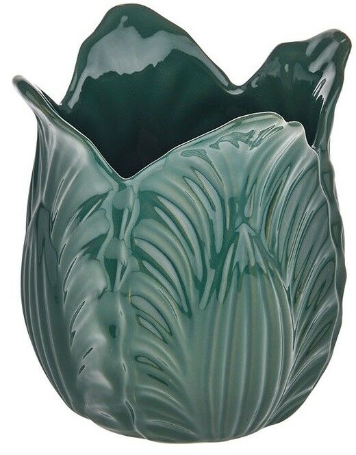 Small Green Ceramic Flower Vase Leaf Design. Unique Flared Vase Wide Vase