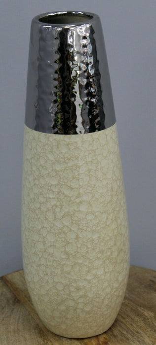 36cm Tall Crackled Cream & Hammered Silver Decor Vase Ceramic Flower Vase