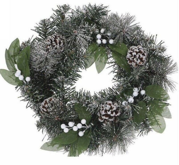 Koop 28cm Plastic Green Christmas Wreath with White Berries and Artificial Snow