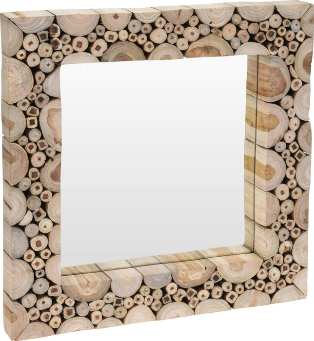 Large Teak Wood Wall Mirror Split Log Design 50cm x 50cm Wooden Frame