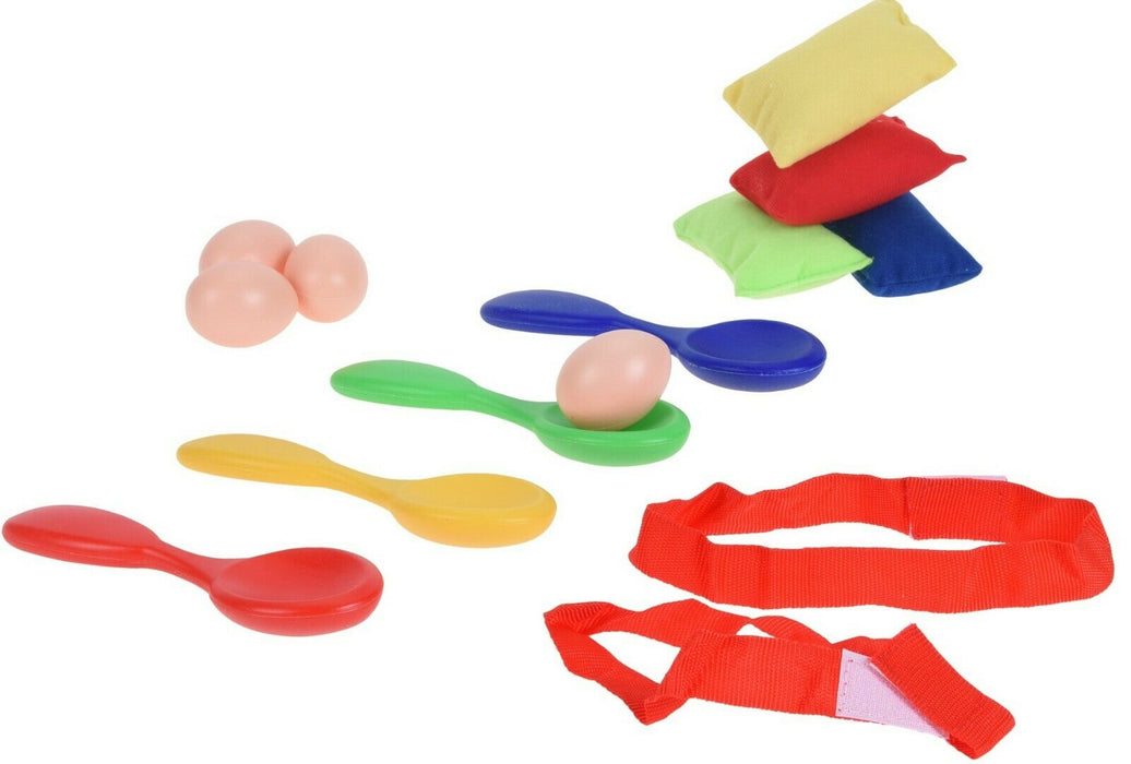 18 Piece Sports Day Set - Sack Race Bags, 3 Legged Race Straps, Egg & Spoon Race