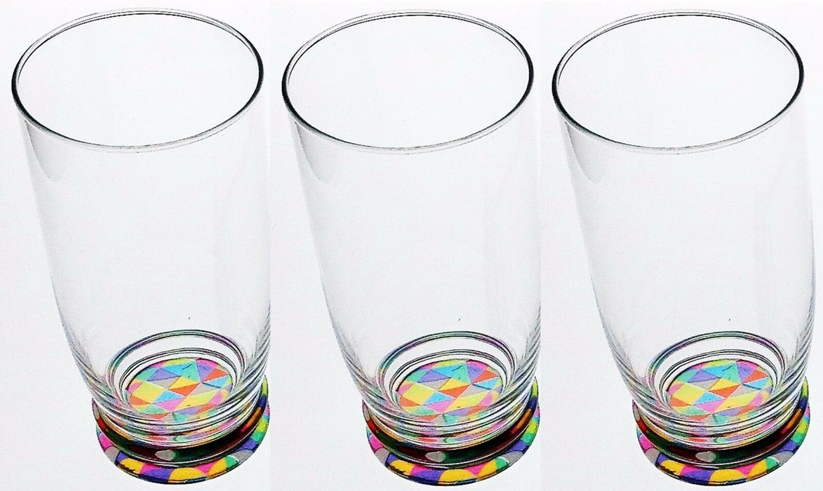Set of 3 High Ball Wide Mouth Glass Tumblers Unique Colourful Base Design 420ml