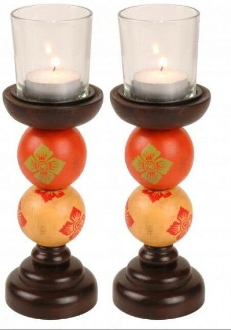 Set of 2 Wood Candlestick Tea Light Holders Candle Stick Glass not included