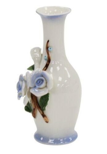 14cm Ceramic Bud Vase - White & Blue 3D Flower Design Thin Bottle Neck Ornament