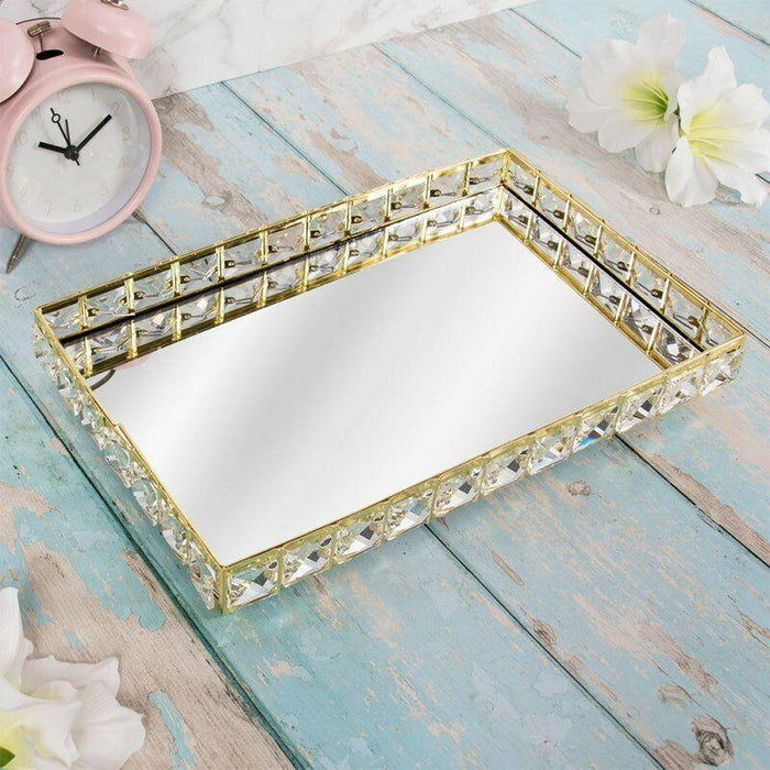 30cm Gold Crystal Mirrored Display Tray Jewelled Design Rectangle Serving Tray