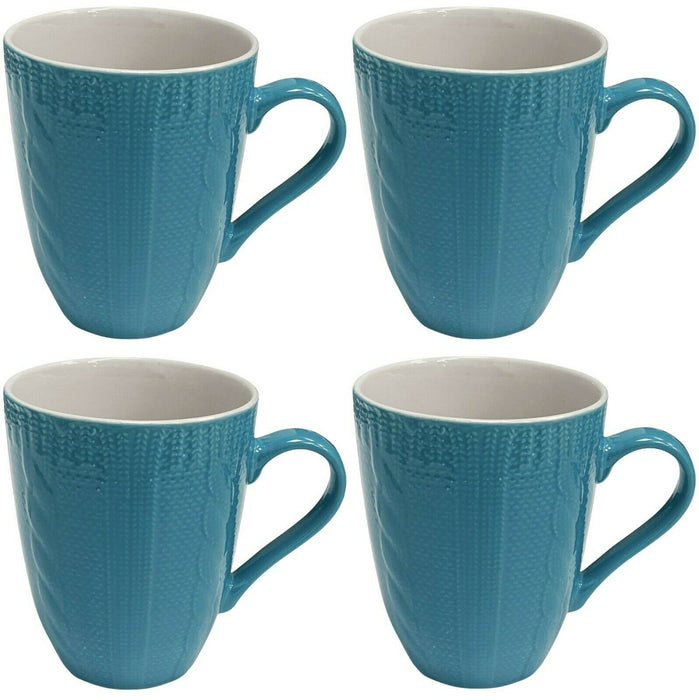 Set Of 4 Large Mugs Blue Ceramic Patterned Cable Knit Coffee Mugs Tea Cups 400ml