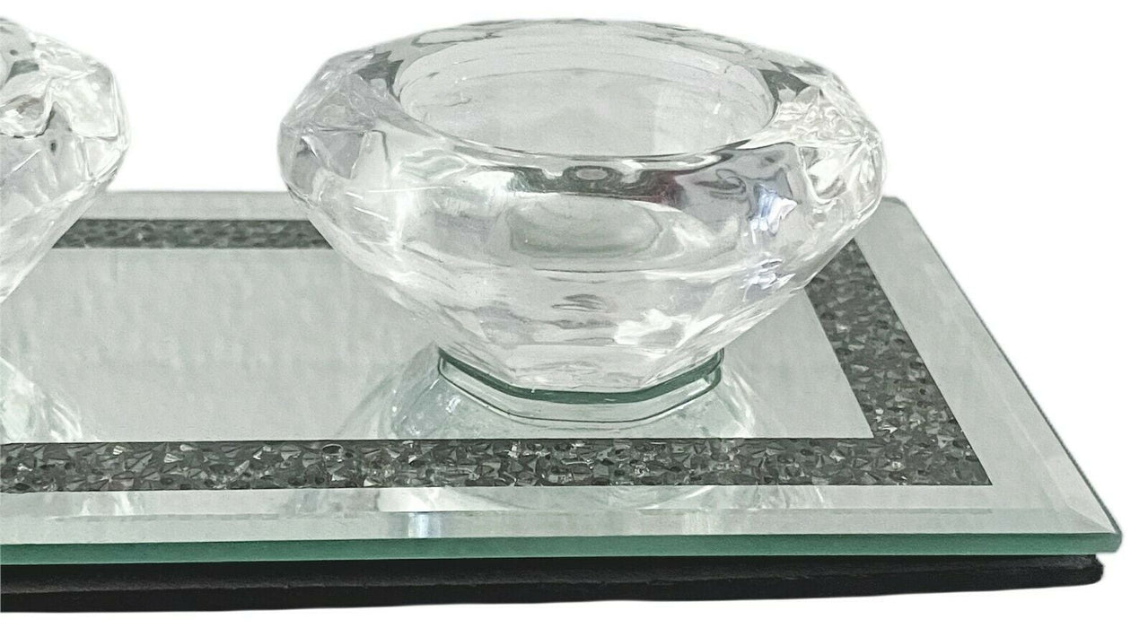 Triple Tealight Candle Holder Crush Diamond Glass Mirrored Tea