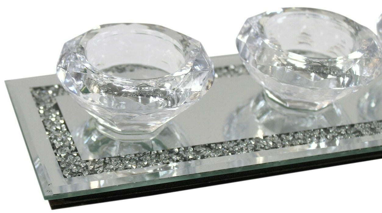 Glass Tea Light Holder Mirrored Glass Candle Holder Crushed Dimaonds Effect