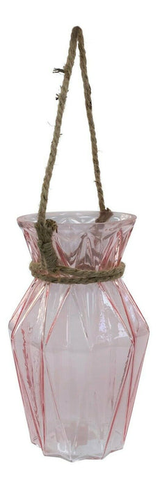 23cm Glass Pink Transparent Angular Geometric Decorative Flower Vase With Rope