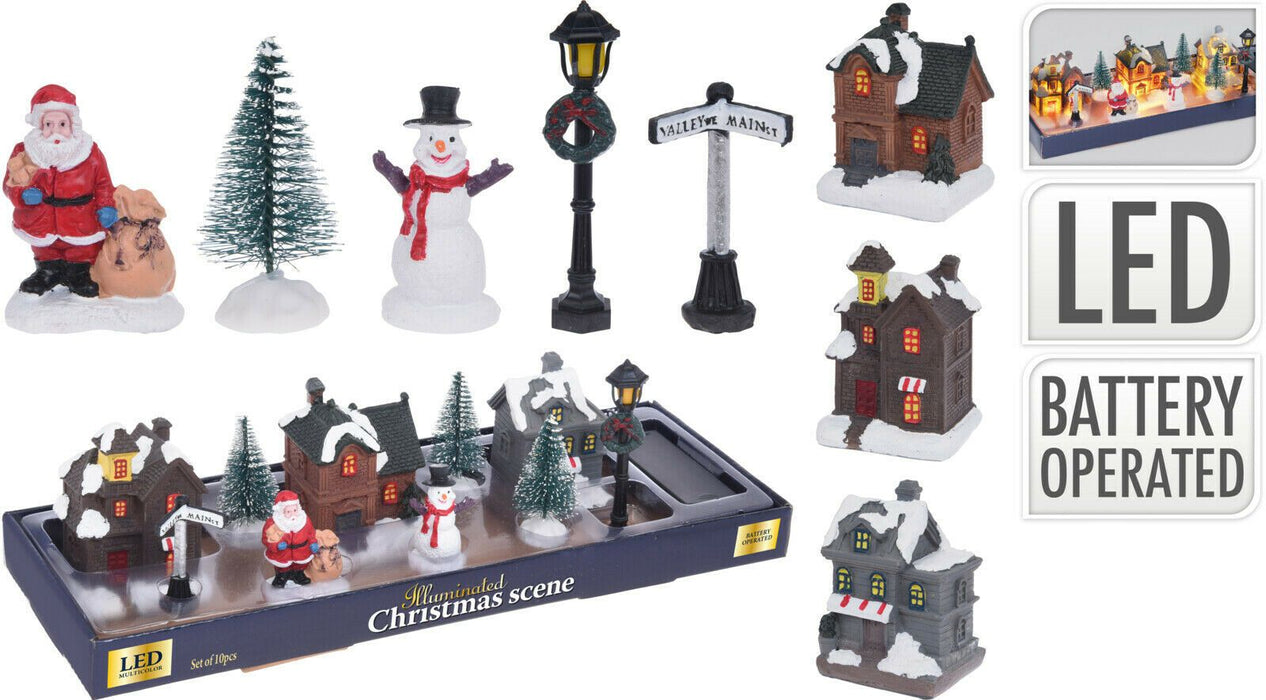 10 Piece Christmas Village Set Festive Xmas Miniature Scene With LED Lights