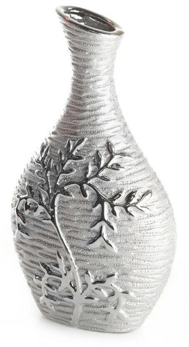 26cm Tall Silver Bottle Shape Flower Vase Mirrored Floral Design Textured Finish