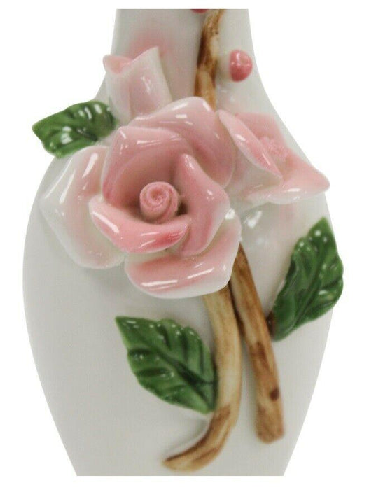 14cm Ceramic Bud Vase White & Pink 3D Flower Design Thin Bottle Neck Ornament