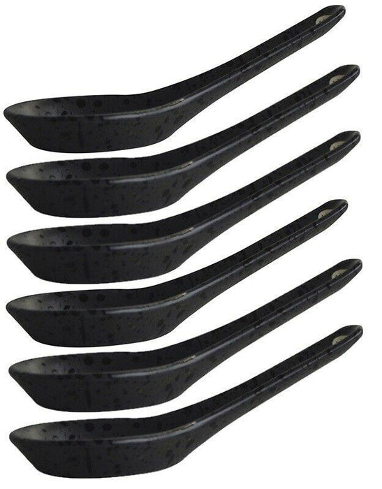 Set of 6 Black Chinese Soup Spoons Porcelain Oriental Spoons