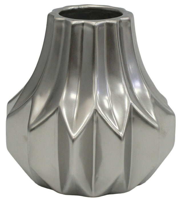 Small Silver Flower Vase Rippled Design 15cm Tall Ceramic Vase Matt Silver