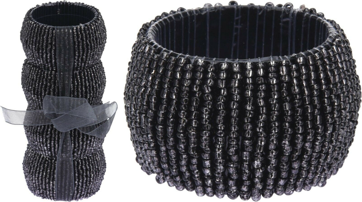 Set of 4 Dark Grey Napkin Rings Metal With Beads Serviette Rings Generous Size