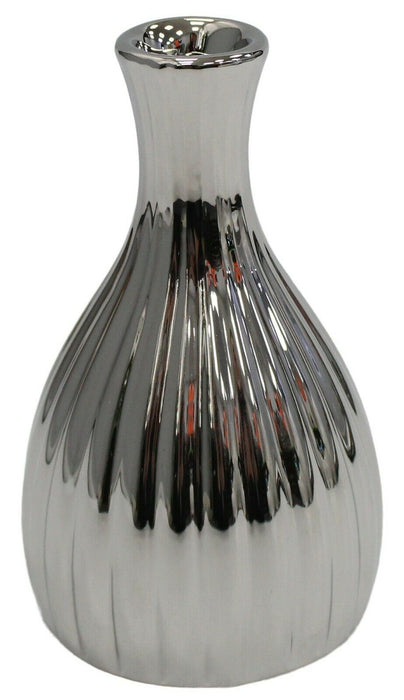 Small Shiny Silver Flower Vase Rippled 15cm Tall Ceramic Bud Vase