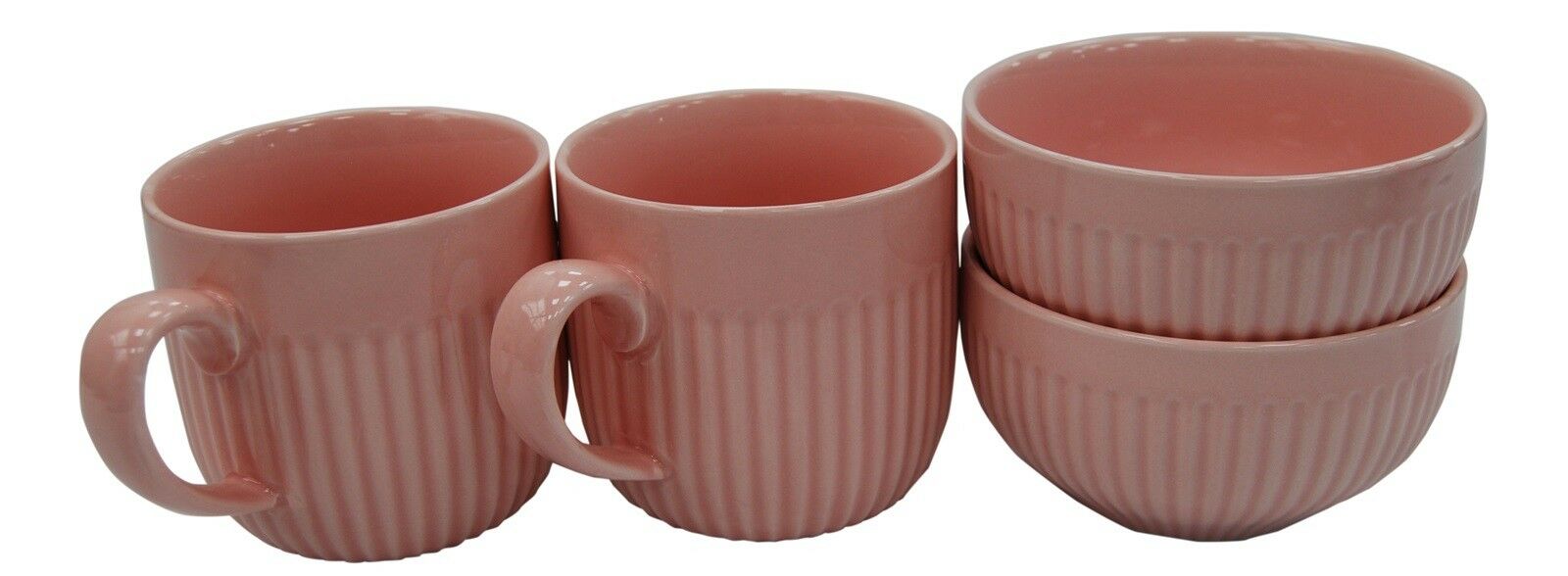 Set of 4 Pink Rippled Porcelain Mugs & Bowls Set 2 Large Mugs & 2 Soup Bowls